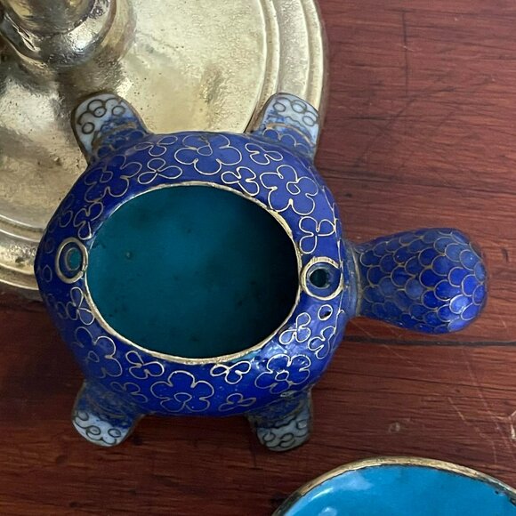 VINTAGE REAL CLOISONNÉ turtle trinket box. Miniature 3 inches. BRASS - Picture 5 of 9